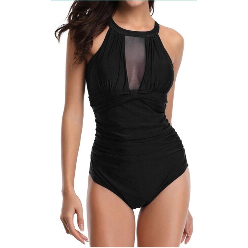 Tempt Me Womens Medium Swimsuit Plunge Mesh Ruched Monokini Swimwear One Piece